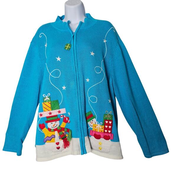 Jennifer Lauren 1X Blue Snowman Christmas Zip Sweater Embroidered Holiday - Picture 1 of 11